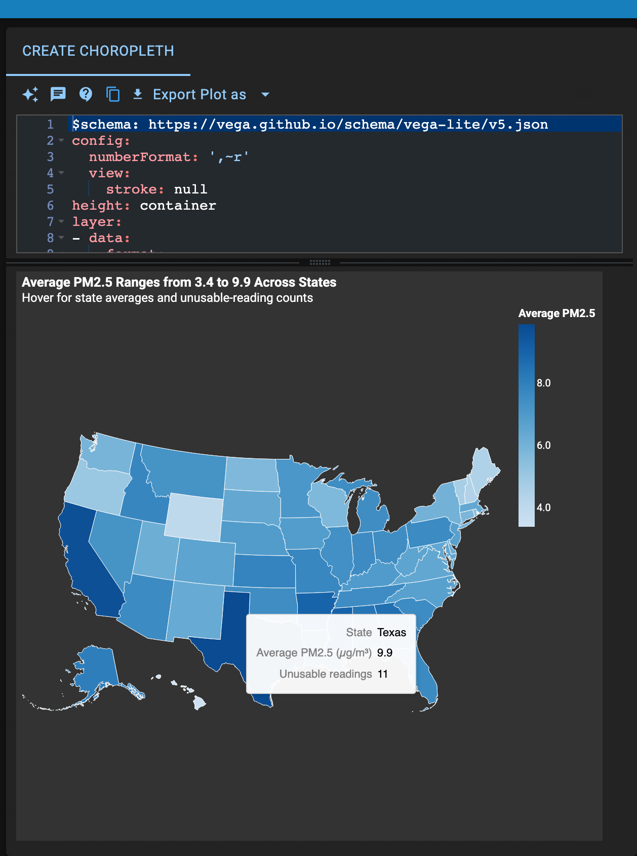 Lumen's dark theme showing the Vega-Lite spec above a US choropleth of average PM2.5 by state, with a tooltip on Texas showing 9.9.