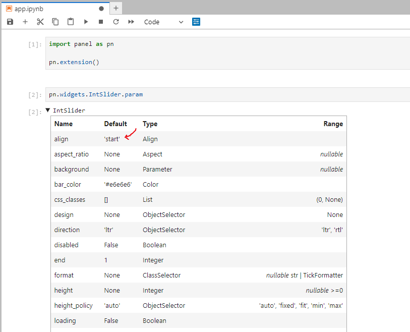 Inspect a Panel component class with .param