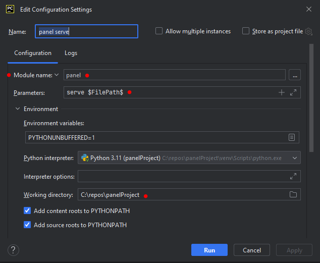 Configure PyCharm for Panel