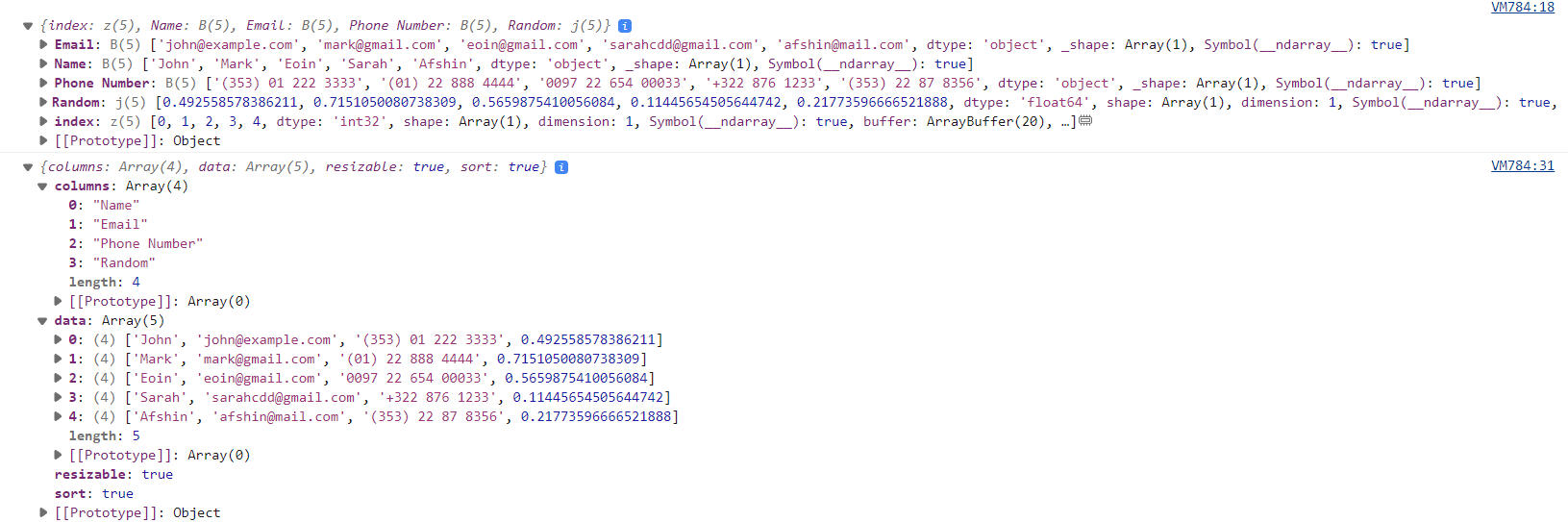 DataFrame in the console